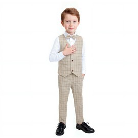 Yilaku Boys' Suits & Blazers Boys Suit Waistcoats Pants White Shirt Bow Tie Kids Children Page Boy Gifts for Wedding Clothes,Khaki, 130