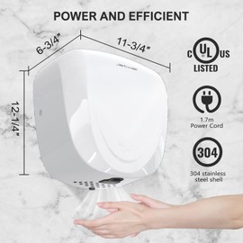 JETWELL UL Approved Commercial Hand Dryer with HEPA Filter High Speed Automatic Warm Wind, Heavy Duty White Stainless Steel Cover AC110V-130V