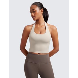 CRZ YOGA Womens Butterluxe Halter Longline Sports Bra - Padded Workout Yoga Crop Tank Tops with Built in Shelf Bra Mojave Tan Medium