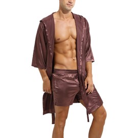 Men’s 2 Pieces Pajama Shorts with Satin Robe Lightweight Short Sleeve Silk Kimono Bathrobe with Shorts Set Sleepwear Housewear Nightgown for Male