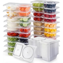 Recipientes de Condimentos de Doble Compartimento con Tapas,Juego de Recipientes Reutilizables para Aperitivos,Caja de Inmersión Portátil para Refrigeración de Refrigerador (50PCS)