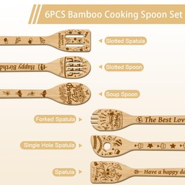 GLOBLELAND 6Pcs Birthday Gift Wooden Spoons Utensil Set Bamboo Carving Kitchen Cooking Utensils Wooden Engraved Cooking Spatula Set for Kitchen Fun House Warming Gift