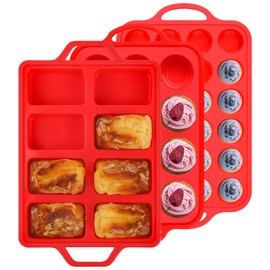 AOTASO 3 Pcs Silicone Baking Pan Set - Including 1 Pc Mini Loaf Pan, 1 Pc Standard Muffin Pan and 1 Pc Mini Muffin Pan - Silicone Cupcake Molds With Metal Reinforced Frame (Red)