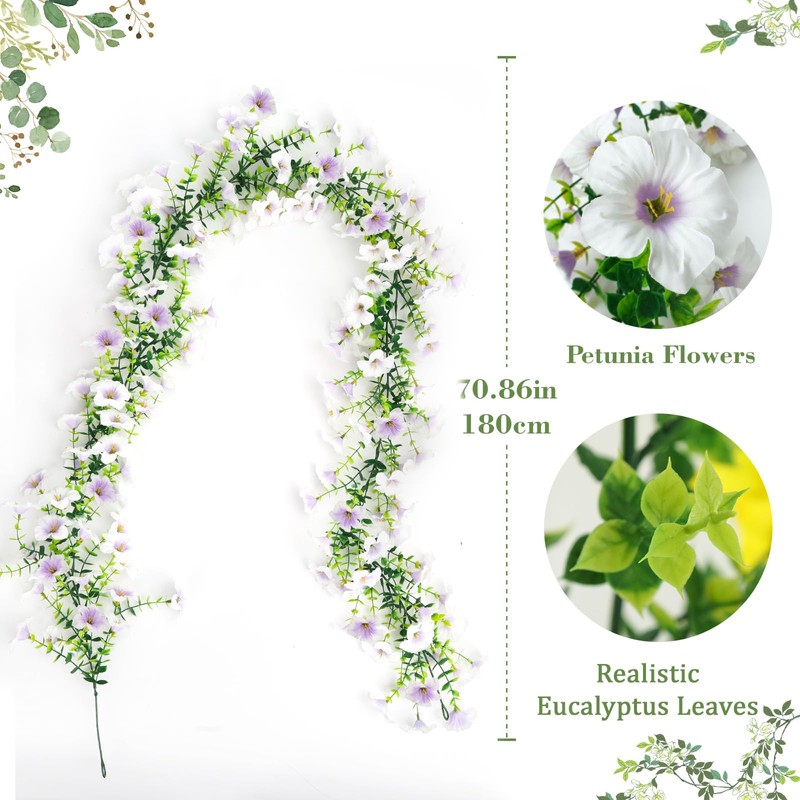 Eucalyptus Garland with White Petunias Flowers Fake Flowers,6FT-2Pcs