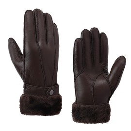 Women Shearling Gloves Winter Leather Gloves Shearling Sheepskin Gloves with Fur Lined,Brown,XL