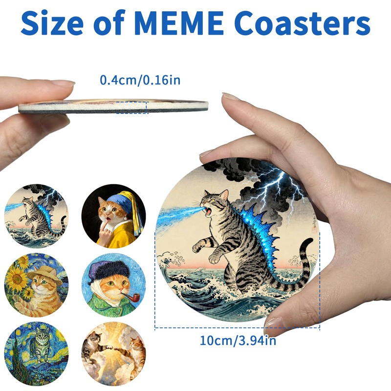 FUYAHA 6PCS Meme Funny Cat Coasters Absorbent Coaster for Desk