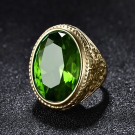 MASOP VOGU Vintage Stainless Steel Mens Rings Luxury Jewelry Oval Green Cubic Zirconia Stone Simulated Emerald Size 10