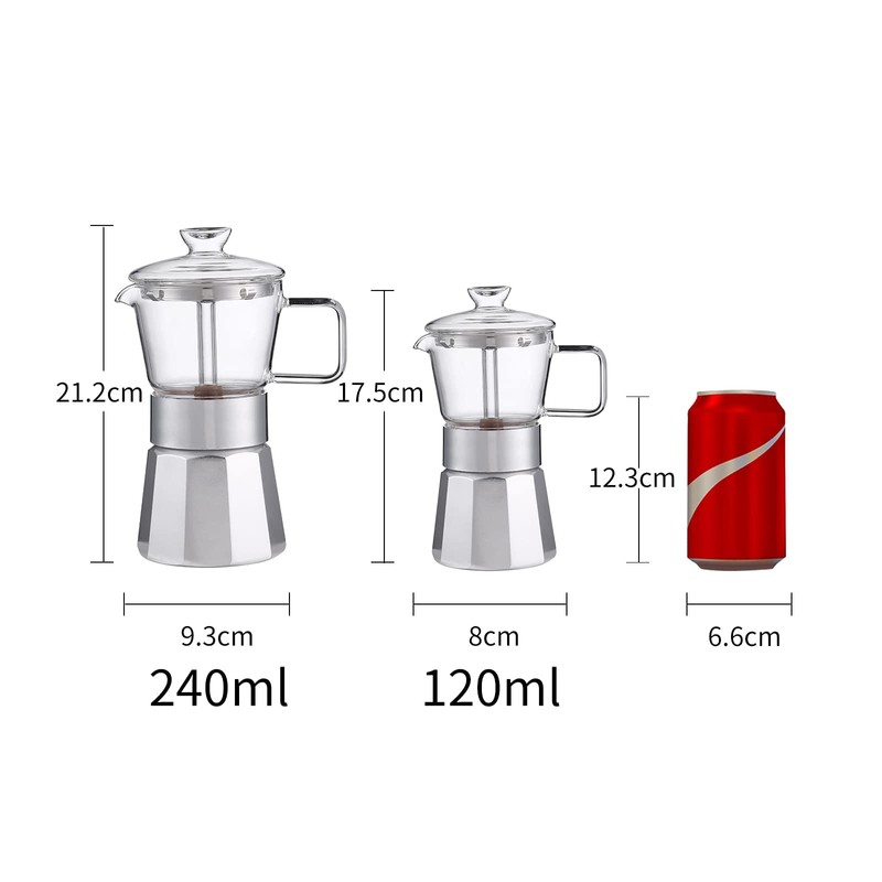 SIXAQUAE Moka Stovetop Espresso Maker,Crystal Glass-top & Aluminum Espresso Moka