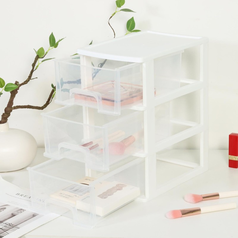 Gonice Small 3 Drawer Storage Organizer, White Plastic Drawer Storage,