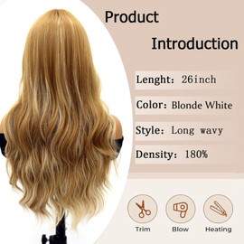 KINCYDU Long Brown Mixed Blonde Wavy Wig With Bangs Brown with Blonde Stripe Highlight Curly Wigs For Women Daily Party Use Wigs Synthetic Heat Resistant Fiber Hair Colorful Wig 26 Inch