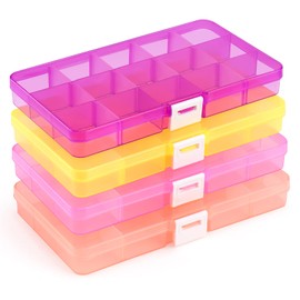 Opret 4 Pcs Bead Storage Box, 15 Grids Plastic Jewellery Organisers Small Containers with Adjustable Dividers 4 Colours Compartment Craft Case, Size 17x9.5x2cm