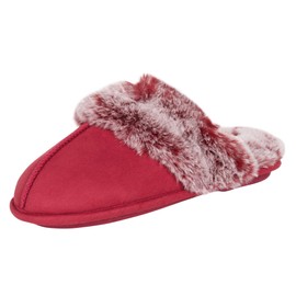 Jessica Simpson Women's Comfy Faux Fur House Slipper Scuff Memory Foam Slip on Anti-Skid Sole, Burgundy, Medium