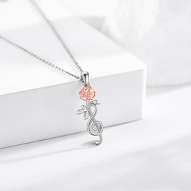 URONE Rose Necklace 925 Silver Pendant Music Note Chain Rose Petal Treble Clef Chain Rose Jewellery Gifts for Women Ladies, Sterling Silver, No Gemstone
