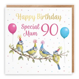 Hunts England - 90th Mum Blue Tits Birthday Card - Luxury Gold Foil - Milo's Gallery - Age 90 Wildlife Funny Birthday Card For Mum - Birthday Card For 90 Year Old Animal Fan - Age Ninety