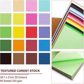 60 Sheets Coloured Textured Cards, 230gsm Multicoloured Cards, 20 Assorted Colours Coloured Paper for Arts and Crafts, Scrapbooking and Card Making