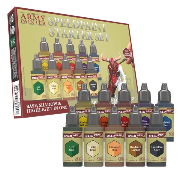 The Army Painter Speedpaint Starter Set - 10 x 18ml Speed Model Paint Kit Pre Loaded with Mixing Balls and 1 Brush- Base, Shadow and Highlight in One Miniature and Model Paint Set for Plastic Models