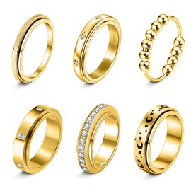 LOFITOR Gold Fidget Rings for Anxiety 6pcs Stainless Steel Spinner Ring Anti Anxiety Ring Spinning Moon Star Cool Stress Relieveing CZ Rings for Women Men Band Rings Set CZ Size8