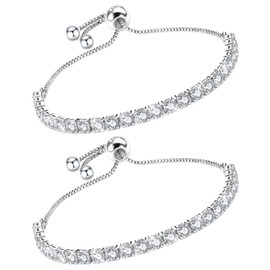 J.Fée 2PC Bracelets for Womens Silver Bracelet for Women 925 Silver Tennis Bracelet for Women,Silver Bracelet Set,Silver Womens Jewellery,Adjustable Bracelet Birthday Valentines Gifts for Her