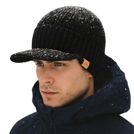 TOP-EX Dryknit Beanie Merino Hat Men Women - Waterproof Winter Hat with Peak, Fleece Lining, Windproof & Warm, Perfect for Outdoor, Work, Skiing, Commuting - Black XL/XXL