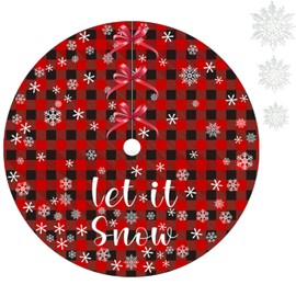 48" Buffalo Plaid Christmas Tree Skirt with 6pcs Plastic Snowflakes,Red and Black Buffalo Xmas Large Tree Ornaments Mat for Xmas New Years Eve Holiday Party Outdoor Decoration (Red)