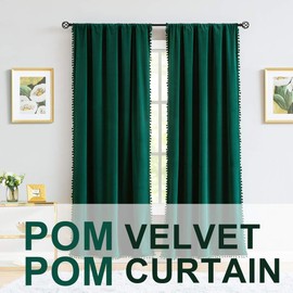 Treatmentex Dark-Green Velvet Curtains for Living Room, Pom Pom Thermal Insulated Room Darkening 70% Blackout Soft Rod Pocket Window Curtain for Bedroom Winter Curtains (2 Panels, 42" W x 63" L)
