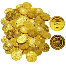 Pack of 50 Gold Coins, Pirate Treasure Gold Coins Toy, Gold Taler Pirate Treasure Birthday, Plastic Gold Thaler, Pirate Party, Buccaneer, Treasure Hunt, Play Coins, Gift for Party (50)