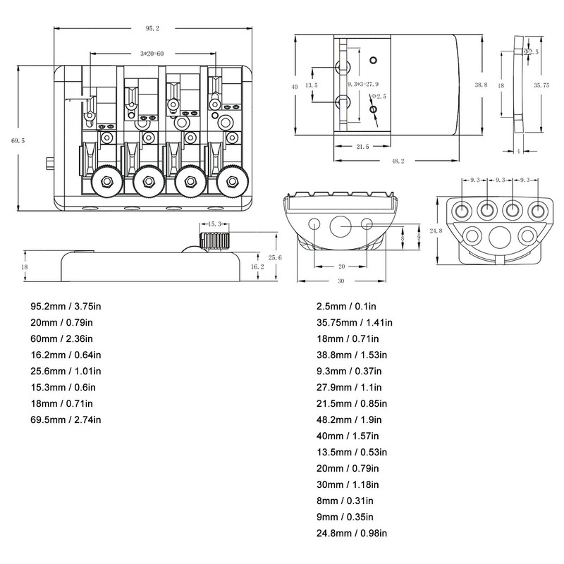4 String Headless Electric Bass Bridge Zinc Alloy Brass Bridge