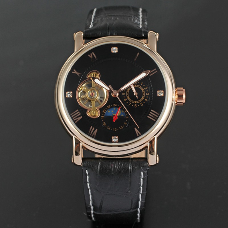 FORSINING Male Automatic Watch PU Leather Strap Analog Wristwatch(White Rose