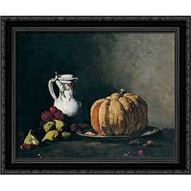 Still Life With Pumpkin, Plums, Cherries, Figs And Jug 24x20 Black Ornate Wood Framed Canvas Art by Theodule Ribot
