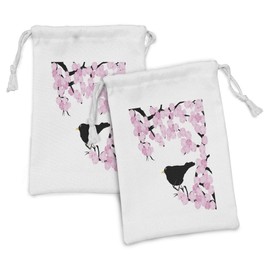 Lunarable Crow Fabric Pouch Set of 2, Japanese Sakura Tree in Full Blossom with a Bird Spring Time Theme, Small Drawstring Bag for Toiletries Masks and Favors, 9" x 6", Pale Pink White