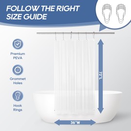 downluxe Clear Shower Curtain Liner with Magnets, Plastic Shower Liner, 36" W x 72" L Lightweight Shower Curtains for Bathroom(4G Clear with 6 Hooks, 1PC)