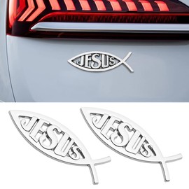 2pcs Jesus Fish Decal Sticker, 3D Faith Fish Emblem Sticker, Car Chrome Decal Emblem Sticker, Christian Fish Symbol Decal for Vehicle Decoration (Silver)