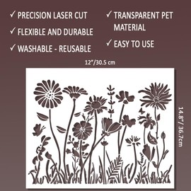 DLY LIFESTYLE Large Wildflower Stencil for Painting (15x12 Inches) - Reusable Stencils for Crafts, Canvas, Paper, Fabric, Furniture - DIY Large Stencil for Painting on Walls