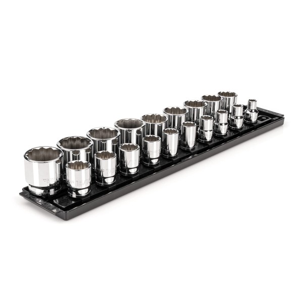 TEKTON 1/2 Inch Drive 12-Point Socket Set with Rails, 19-Piece