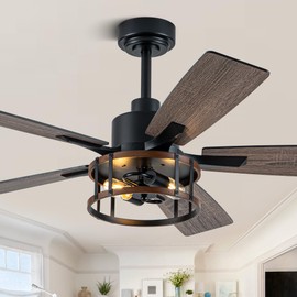 Dawn Whisper Farmhouse Ceiling Fans with Lights 52 Inch Black Caged Rustic Ceiling Fan for Bedroom Living Room and Patio Reversible Quiet DC Motor 6 Speeds