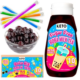 Sugar Free Boba Kit Milk Tea (21 servings) Diet 10 calories only. Keto friendly bubble tea kit Taiwanese milk tea. Low calorie drinks delicious boba tea kit. One kit contains boba pearls, sugar free milk tea syrup and straws