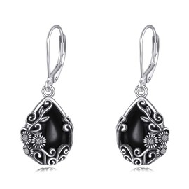 YFN Black Obsidian Sunflower Dangle Drop Earrings for Women 925 Sterling Silver Vintage Teardrop Earrings, Small, Sterling Silver, No Gemstone