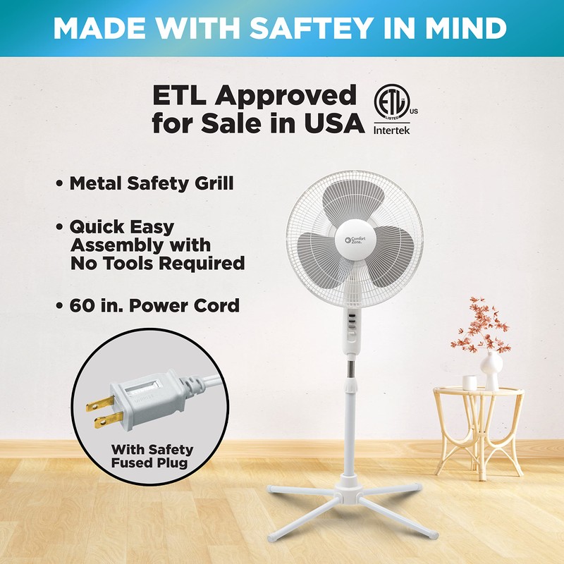 Comfort Zone Stand Fan, 16 inch Pedestal Fan for Bedroom,