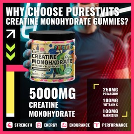 PURESTVITS Creatine Monohydrate Gummies (5g) – Pre-Workout Energy & Muscle Growth Support for Men & Women | Pineapple Watermelon Electrolyte Gummies (135 Count)