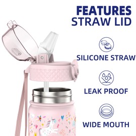 Goppus 420 ml/14 oz Children's Insulated Water Bottle with Straw Double-Walled Stainless Steel Children's Bottle Vacuum Insulated Steel Metal Leak-Proof Drinking Bottle Toddler Thermos Flask BPA-Free