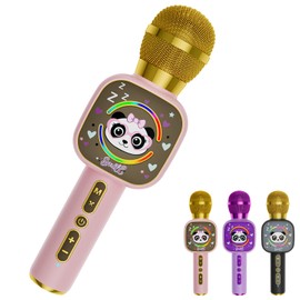 Qnxoat r Bluetooth Karaoke Microphone Toy for Kids - Mini Portable Speaker with LED Lights, Wireless Pairing (TWS) for Duet Singing, Christmas Birthday Gift Toys for Boys & Girls Ages 2-12 (Pink - 1)