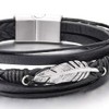 COOLSTEELANDBEYOND Stainless Steel Feather Multi-Strand Black Braided Leather Bracelet Bangle