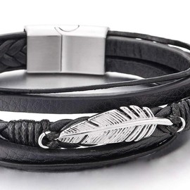 COOLSTEELANDBEYOND Stainless Steel Feather Multi-Strand Black Braided Leather Bracelet Bangle for Men Women, 20.5 cm, Leather, Non-applicable