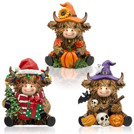 3 Pcs Highland Cow Decor Figurines, Seasonal Holiday Theme