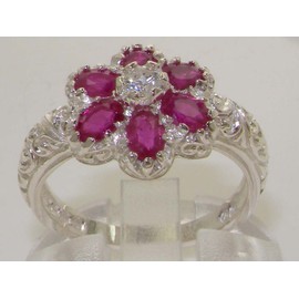 Solid 925 Sterling Silver Womens Ruby & Cubic Zirconia CZ Vintage Art Nouveau Flower Engagement Ring - Size 6