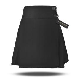 Kilt Emporium Women's Billie Kilt Skirt, 20" Knee Length Satin Lined Comfort, Leather Buckle Straps, 16oz Premium Scottish Tartan Plaid Fabric (US, Waist, 30, Regular, Plain Black)
