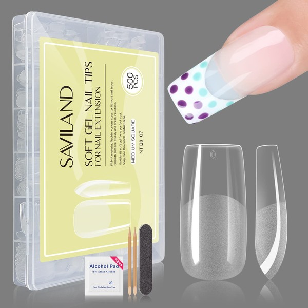 Saviland Nail Tips Set - 500 Pieces Medium Square Full Cover Nail Tips Kit Clear Acrylic Nails 12 Sizes Gel Nail Tips Kit