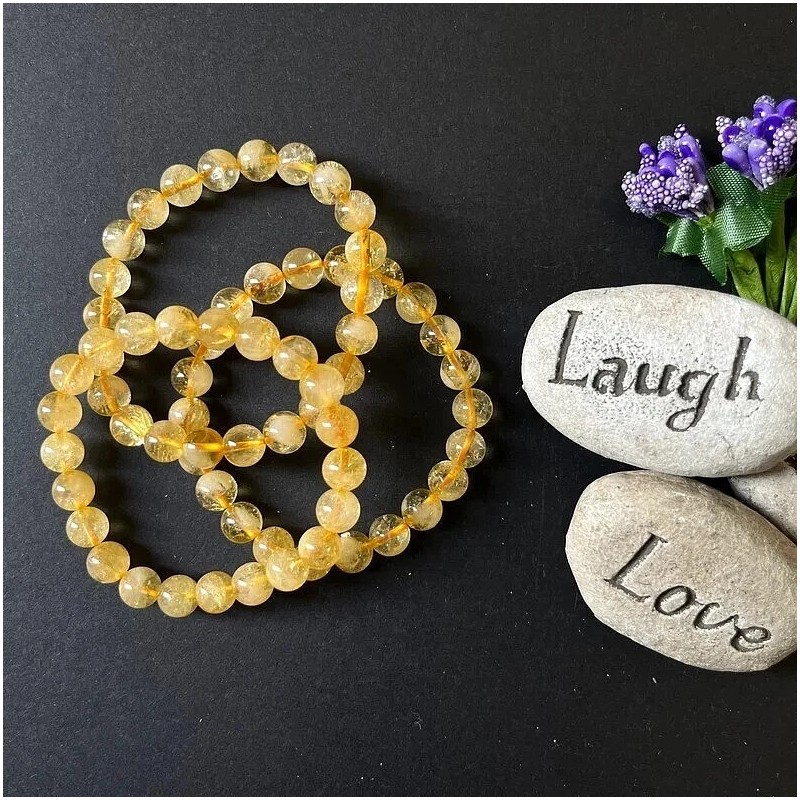 Natural Citrine 6mm Round Beads Dainty Gemstone Elastic Stretch Bracelet