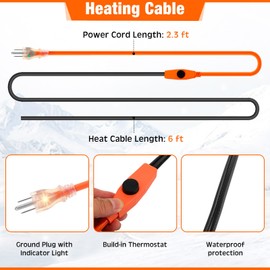 Vincreem 6ft Pipe Heating Cable Automatic Electric Heat Kit Built in Thermostat, 32 ft Foil Backed Fiberglass Hose Wrap, 32 ft Pipe Insulation Foam Tape for Outdoor Winter Hot Cold Water Pipe
