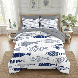 Nesker 5 Pcs Comforter Set Twin Size, Fish Nautical Blue Bedding Set for Kids and Adults, Coastal Ocean Summer Bed Sheet Set with Fitted Sheet Pillowcase & Sham